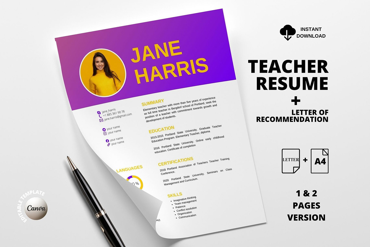Teacher Resume Template |Canva, a Resume Template by MediaKitTemplates (Photo 1 of 10)