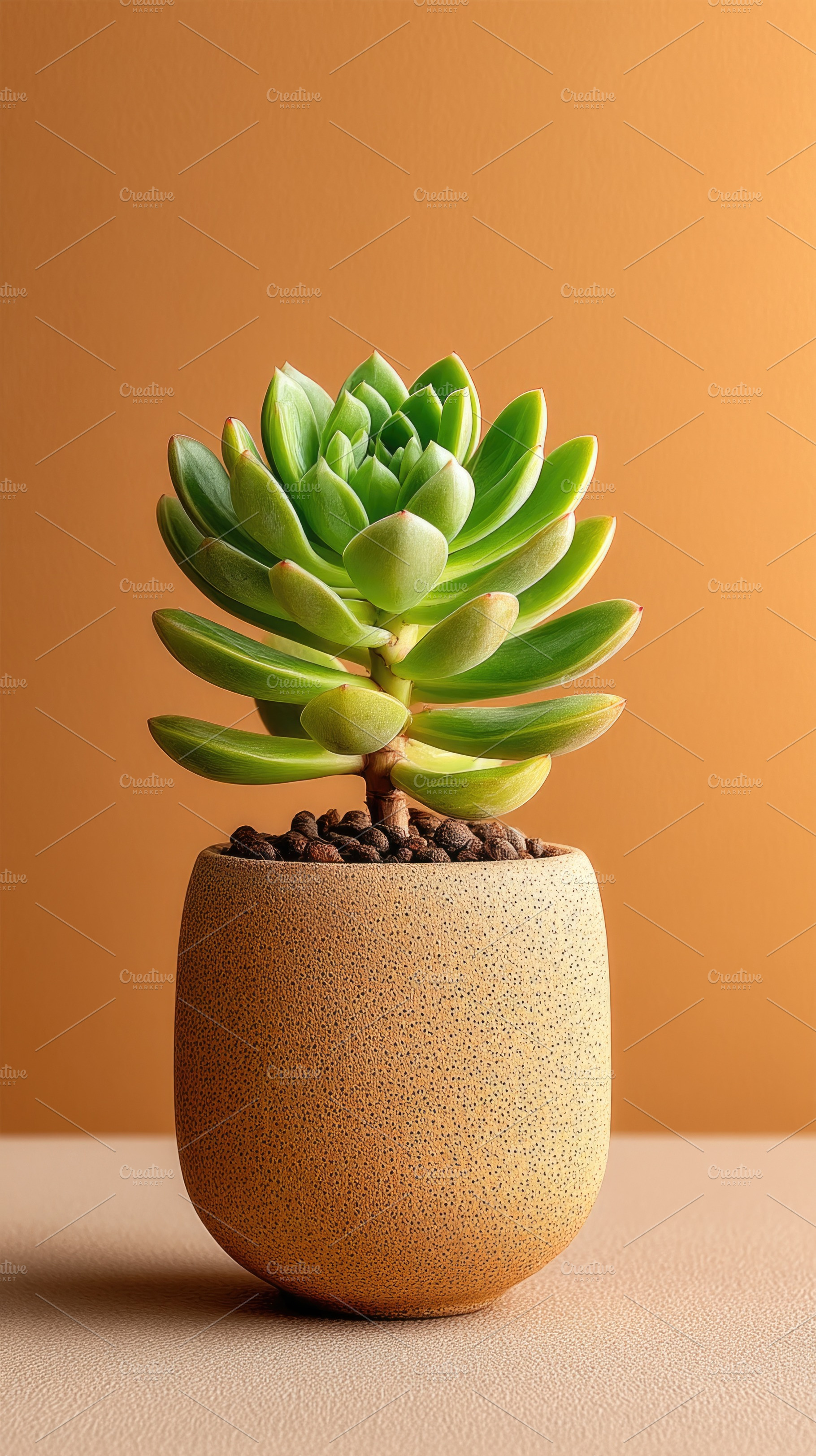 Green Succulent Plant in Terracotta Pot on Warm Minimal Backgrou, a Background Photo by José Manuel Gelpi