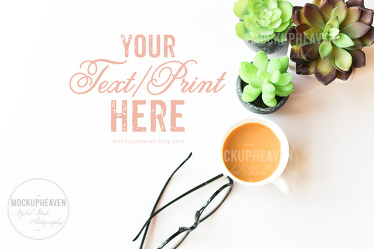 Succulents & Coffee Office Desktop#2, a Print Template by MockUpHeaven