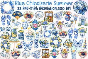 Blue Chinoiserie Summer Clipart PNG, an Illustration by Sublimation Artist