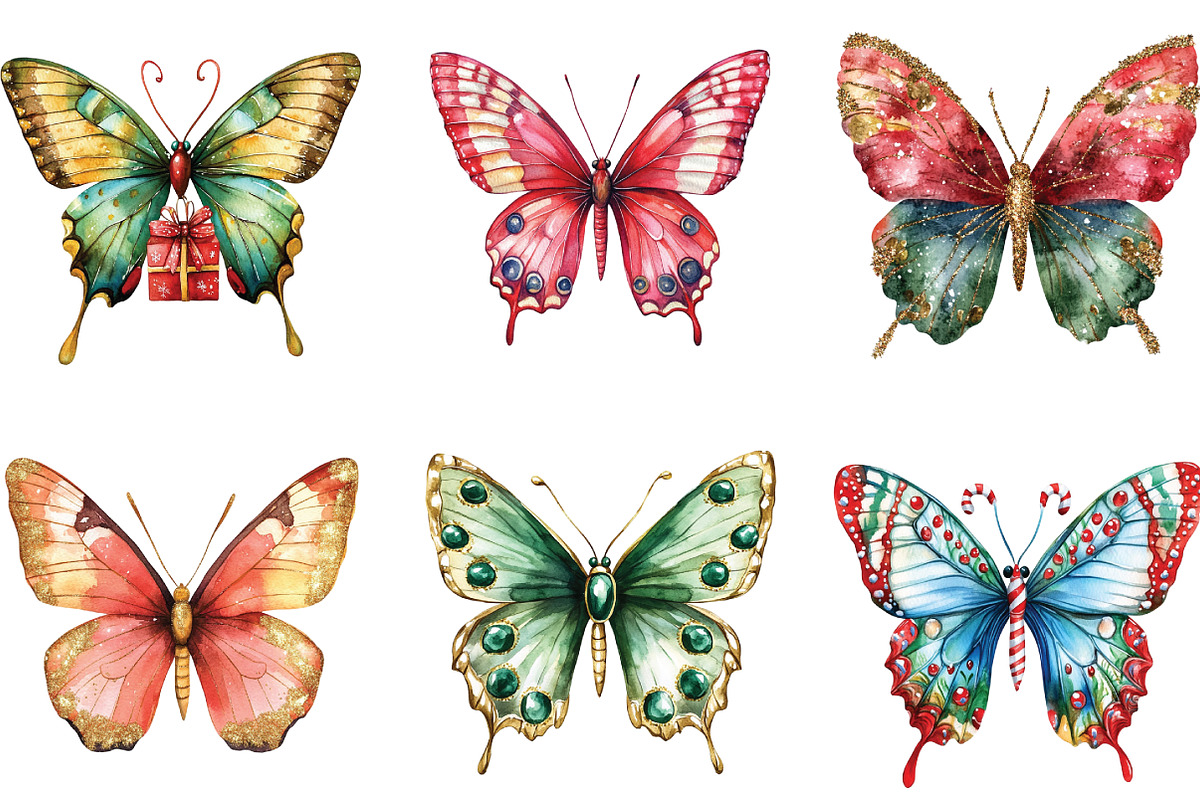 Watercolor Christmas Butterfly Clipa, an Illustration by CraftArtStudio (Photo 2 of 6)