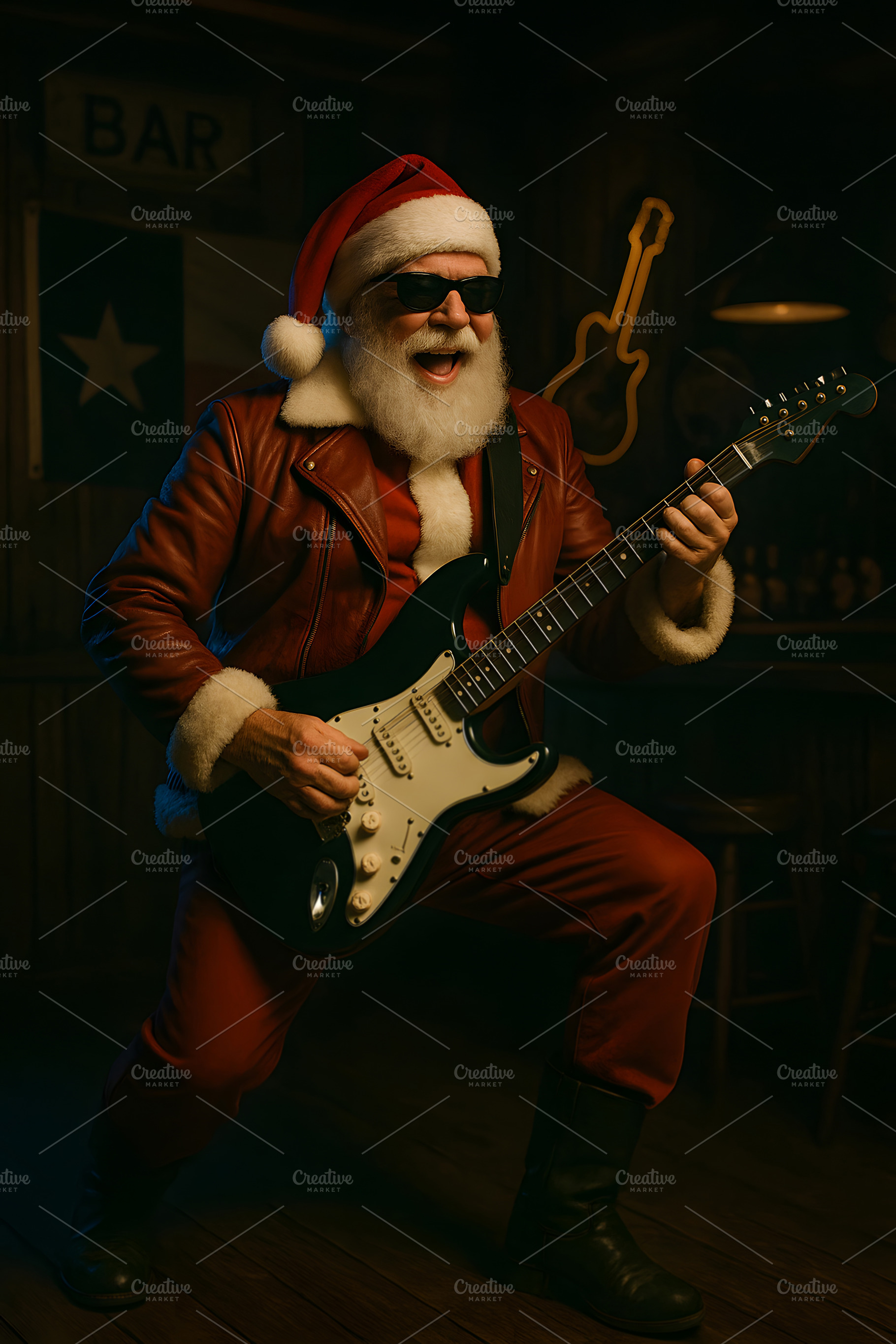 Santa Claus rocking electric guitar wearing sunglasses in bar, a Holiday Photo by GoodGoods