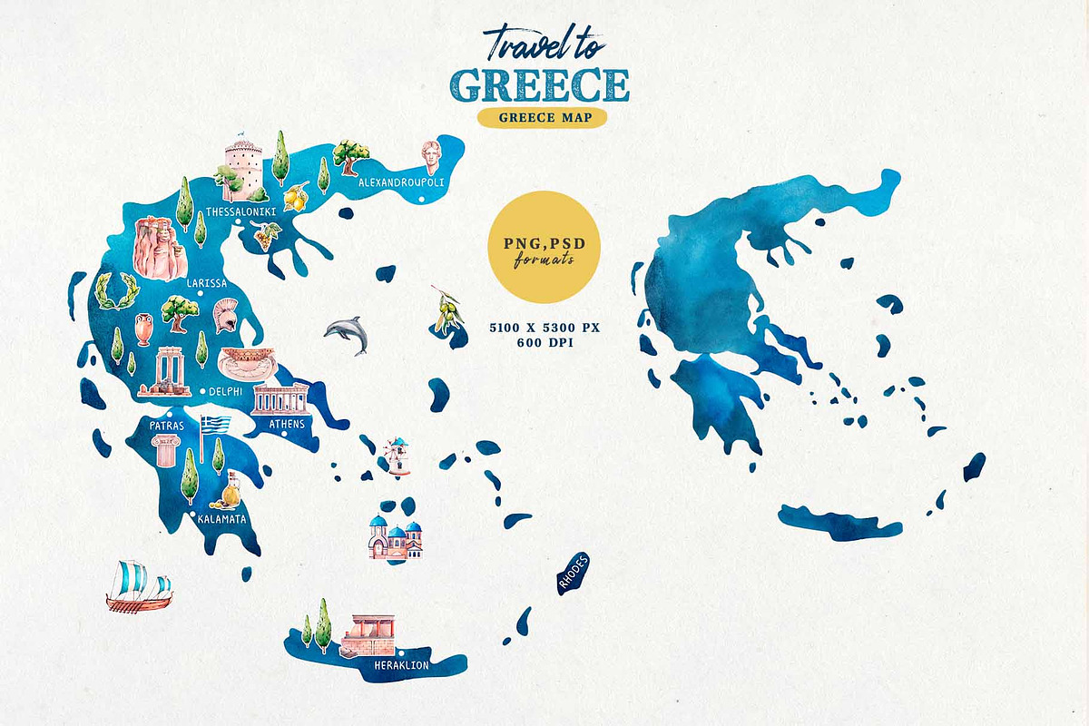 Watercolor Greece. Clipart set, an Object Illustration by VerAna (Photo 6 of 13)