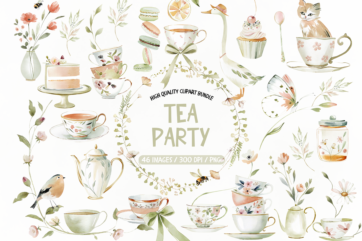 Tea Party Watercolor Clipart Set, an Illustration by TatiMockup (Photo 1 of 5)