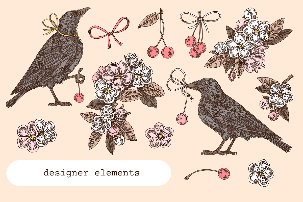 Cherry Crows. Seamless patterns, a Pattern Graphic by Kseniakrop (Photo 5 of 6)