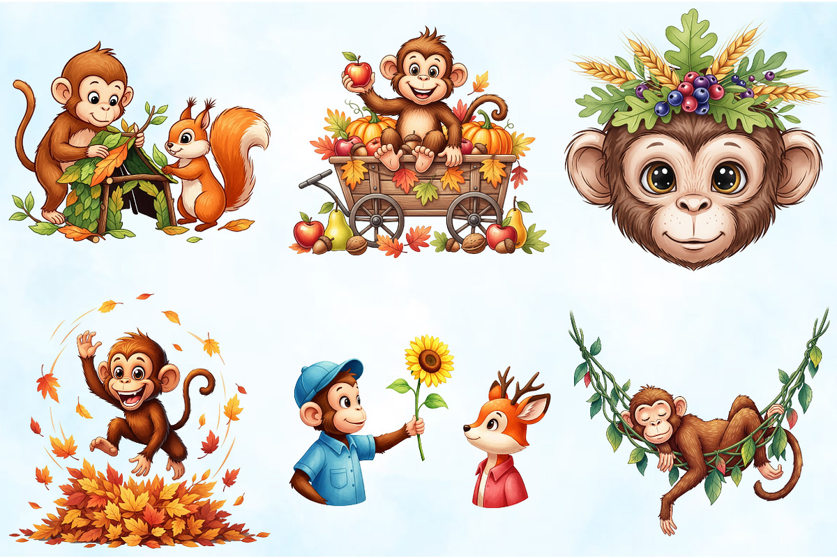 Watercolor Autumn Monkey Clipart, an Illustration by Craft Nest (Photo 5 of 6)