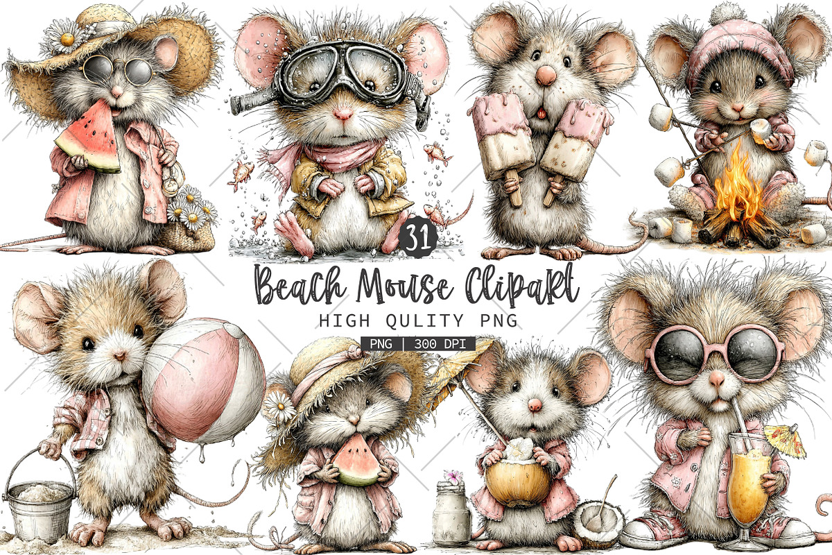 Beach Mouse PNG Clipart Bundle, a Seasonal Illustration by OK Design (Photo 1 of 6)