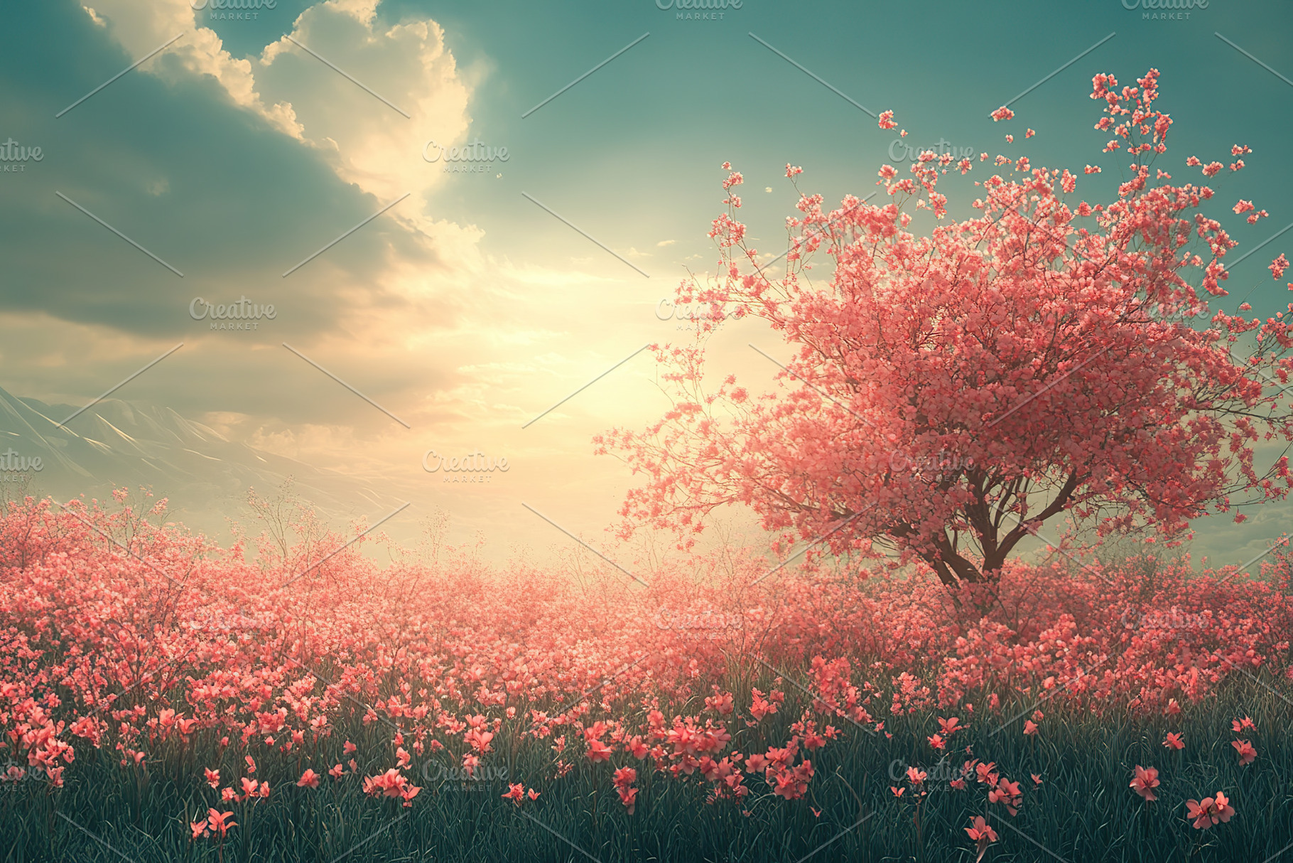 Blossoming cherry tree in a serene meadow at sunset, a Nature Photo by AlyaAnd