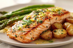 Delicious grilled salmon served with asparagus and roasted potatoes on a white, a Food & Drink Photo by AlyaAnd