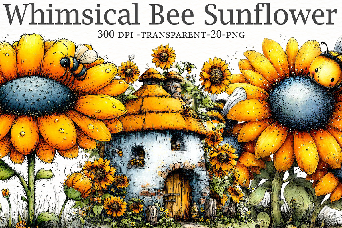 Whimsical Bee Sunflower Clipart, a Seasonal Illustration by Designworld (Photo 1 of 9)