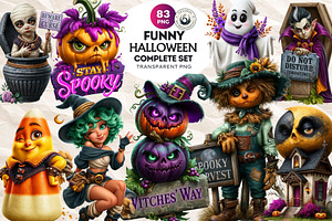 Funny Halloween Clipart PNG Set, a Seasonal Illustration by ThatsDesignArt