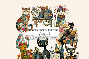 FOLK ART CAT CLIPART PACK, an Animal Illustration by Daring Digies