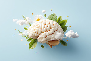 Brain in a natural environment with leaves and clouds creating a serene atmosph, a Nature Photo by AlyaAnd