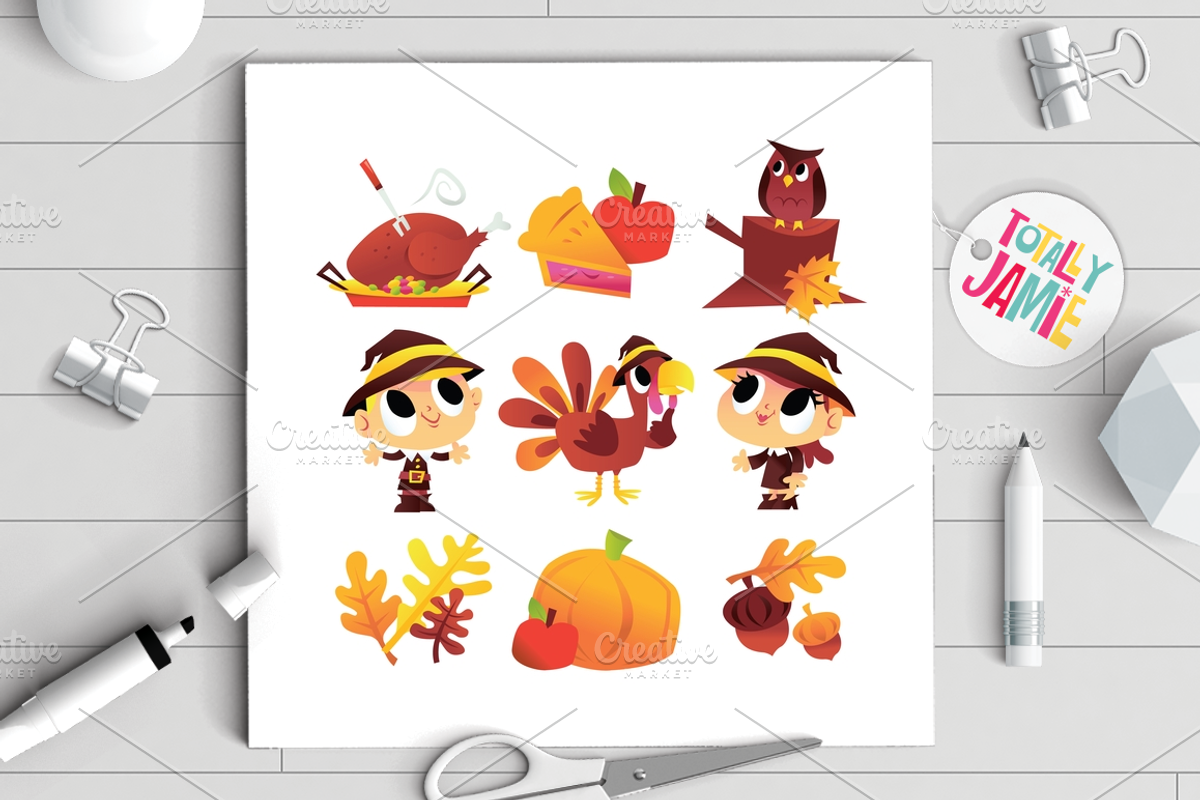 Cartoon Thanksgiving Fall Set, an Illustration by totallyjamie