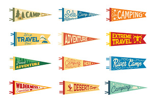 Camping pennant flags, camp, an Illustration by Vector Tradition