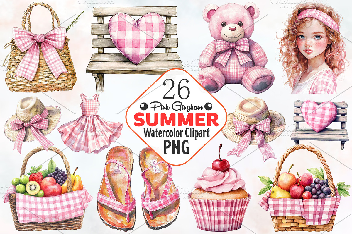 Pink Gingham Summer Clipart, an Illustration by RobertsArt (Photo 1 of 7)