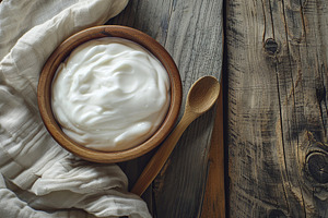 Bowl with white yogurt on grey table, a Food & Drink Photo by AlyaAnd