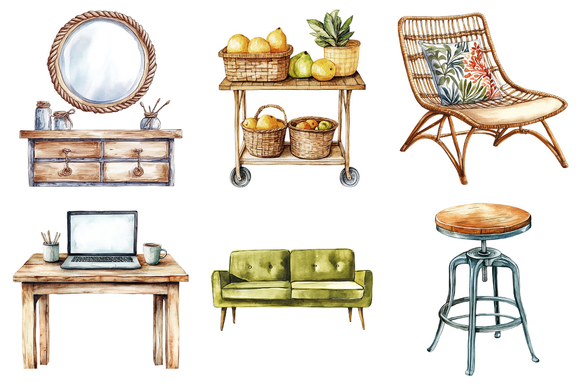 Watercolor Furniture Clipart Bundle, an Illustration by Daily.Designs (Photo 2 of 5)