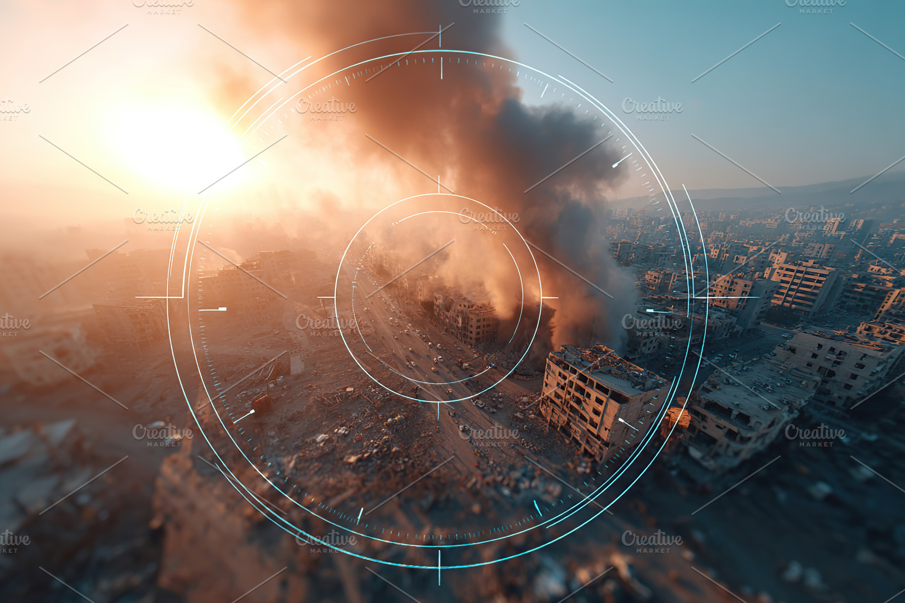 Smoke rises over devastated cityscape at sunset after recent conflict in urban, a Background Photo by AlyaAnd