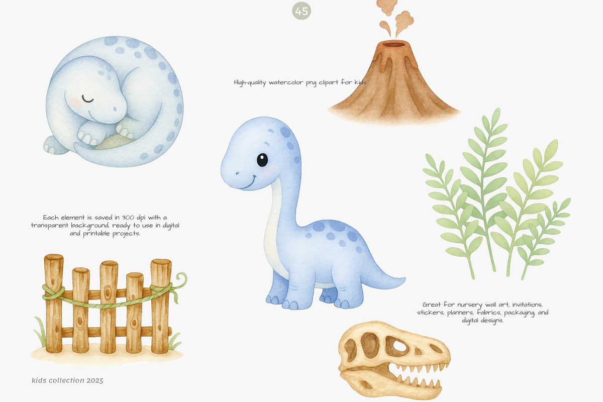 baby dino watercolor clipart set, an Animal Illustration by Pink Studio Art (Photo 3 of 8)