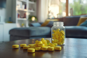 Medicine pills in glass bottle on table in the kitchen, a Health & Medical Photo by AlyaAnd