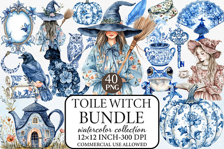 Watercolor Toile Witch Clipart Bundl, an Illustration by Libby Wishes