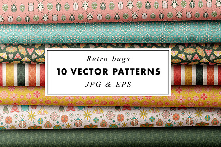 10 retro bugs seamless patterns