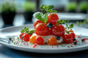 Creative dessert with colorful fruit, a Photo by Tanuart