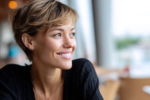 Cheerful young woman with short hair, a Person Photo by MistyDay