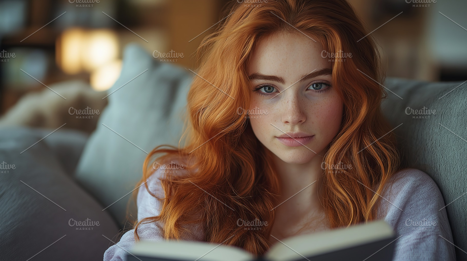 A young white woman with red hair reading a book, relaxed on a plush couch in a, a Person Photo by ImageMir