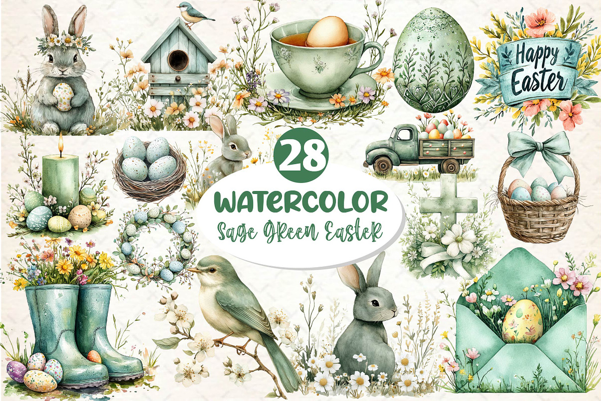 Sage Green Easter Clipart, an Illustration by Dream Creation (Photo 1 of 6)