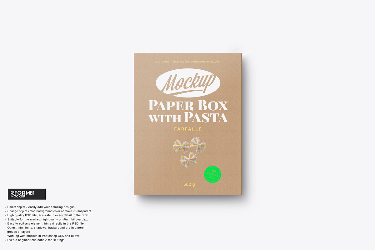 Kraft Box with Pasta Mockup, a Packaging Mockup by Reformer Mockup (Photo 1 of 4)