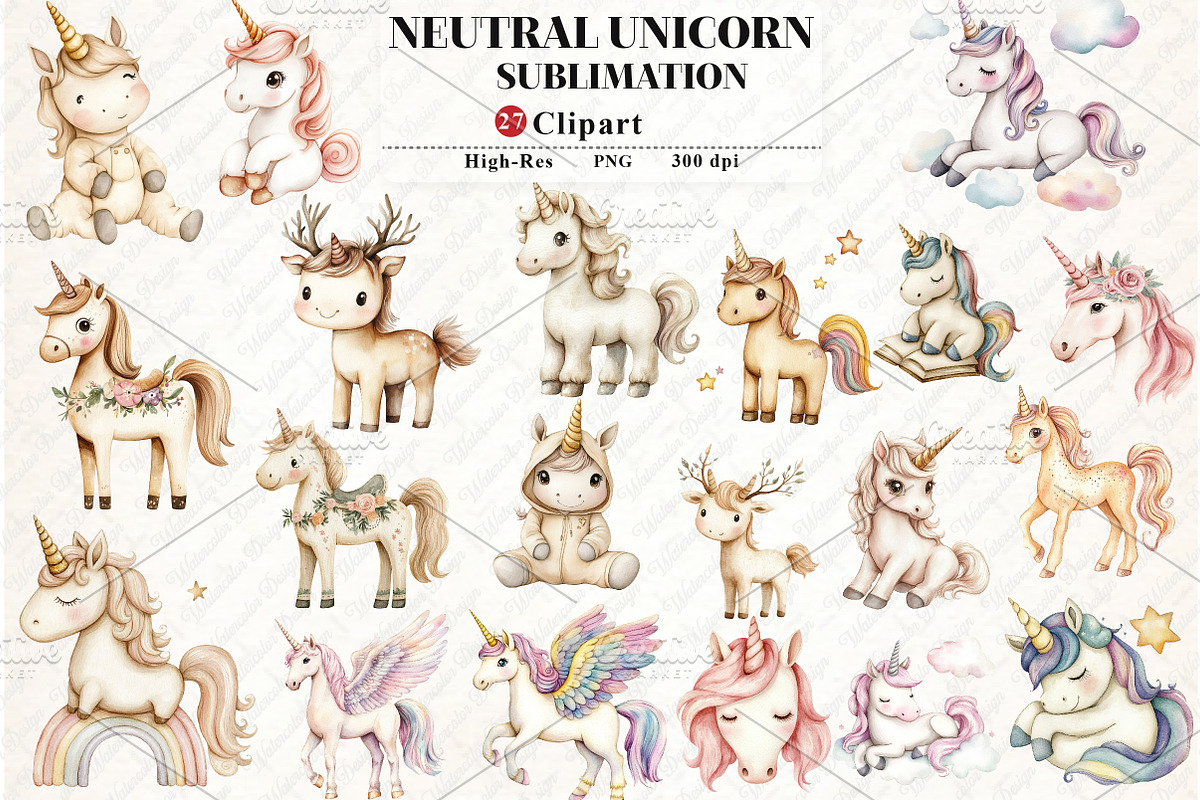 Neutral Unicorn Clipart, an Illustration by Watercolor design (Photo 1 of 12)