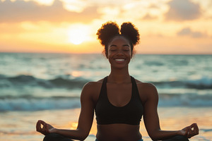 Black woman meditates happily, a Photo by Pavel_design