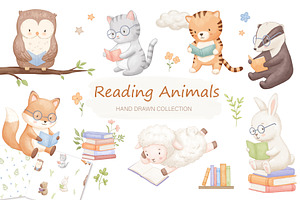Reading Animals Watercolor Clipart