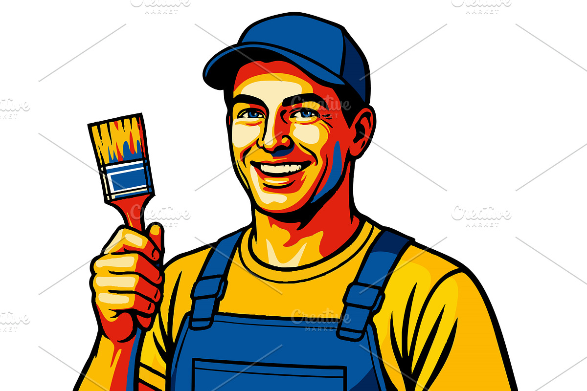 Smiling Painter Holding Brush in, an Illustration by AlexArt