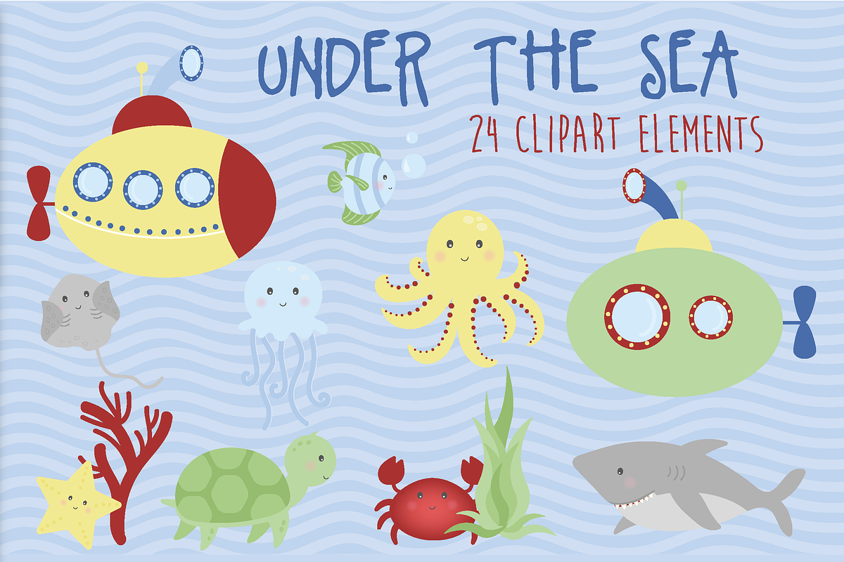 Under the sea clipart, an Illustration by Poppymoondesign, image size:1200x800