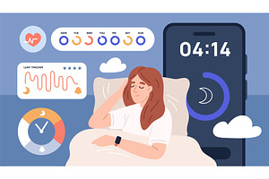 Healthy sleep with smartwatch. Girl, a Technology Illustration by YummyBuum