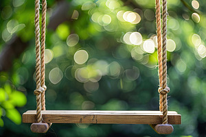 Wooden swing with rope on blurred green background, a Nature Photo by AlyaAnd