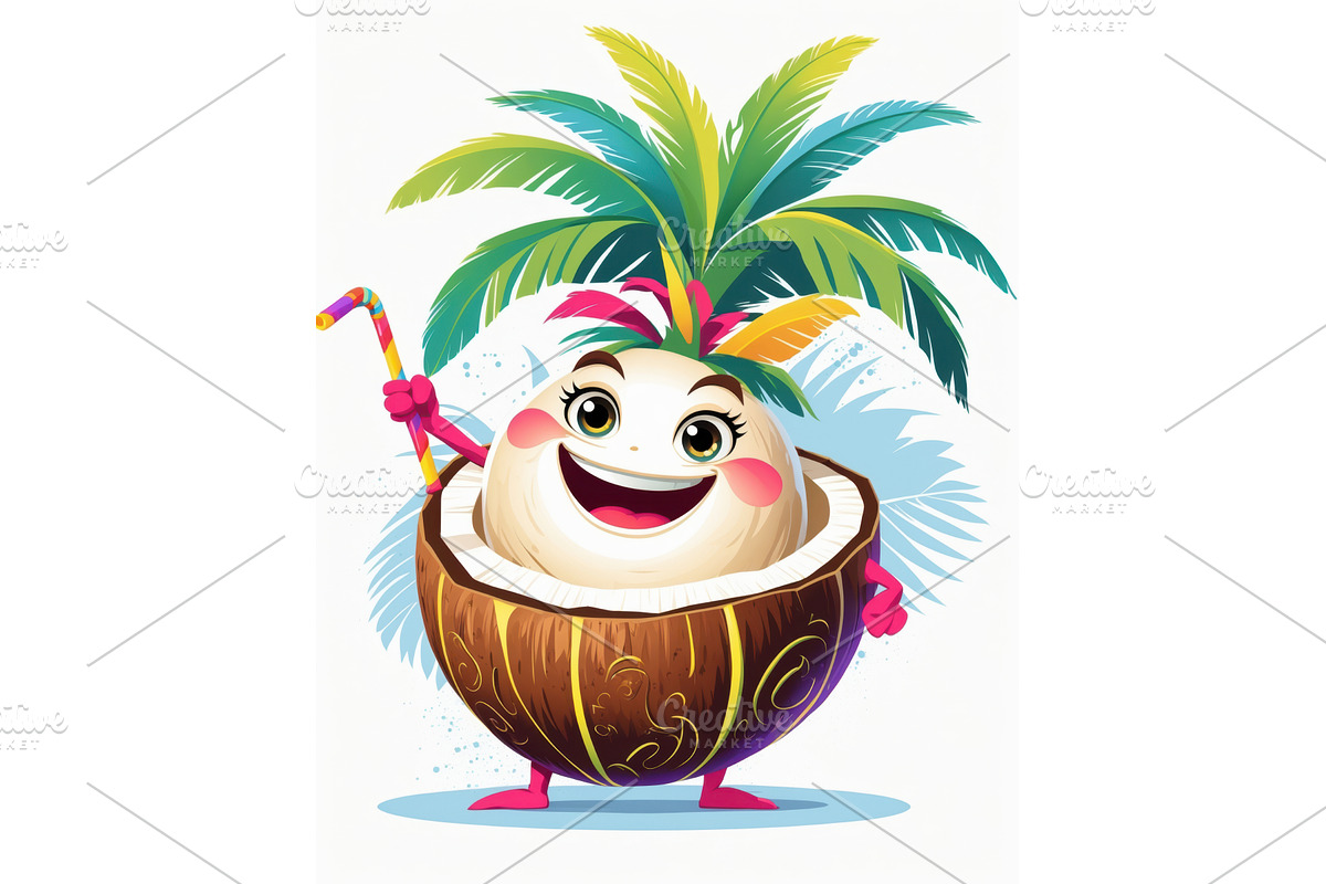 Cheerful coconut character with palm, an Illustration by tilialucida