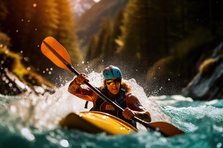 An exhilarating moment of a kayaker navigating through fast - mo, a Sports & Recreation Photo by designvectx