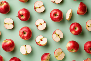 Pattern of fresh apple pieces on green background, a Food & Drink Photo by AlyaAnd