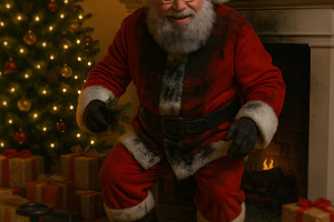 Santa Claus standing near fireplace dirty with soot on suit, a Holiday Photo by GoodGoods
