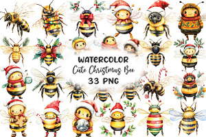 Watercolor Cute Christmas Bee PNG, a Work Illustration by CraftArtStudio