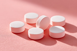 Close-up view of several small white tablets arranged on a soft pink background, a Photo by AlyaAnd
