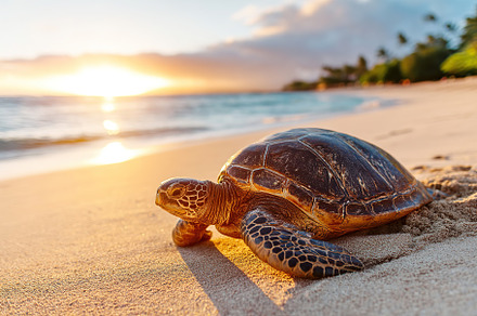 Turtle walking on warm sand at sunset near ocean waves, an Animal Photo by AlyaAnd