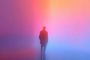 Man walking away into colorful light, a Photo by Pixeness Studio