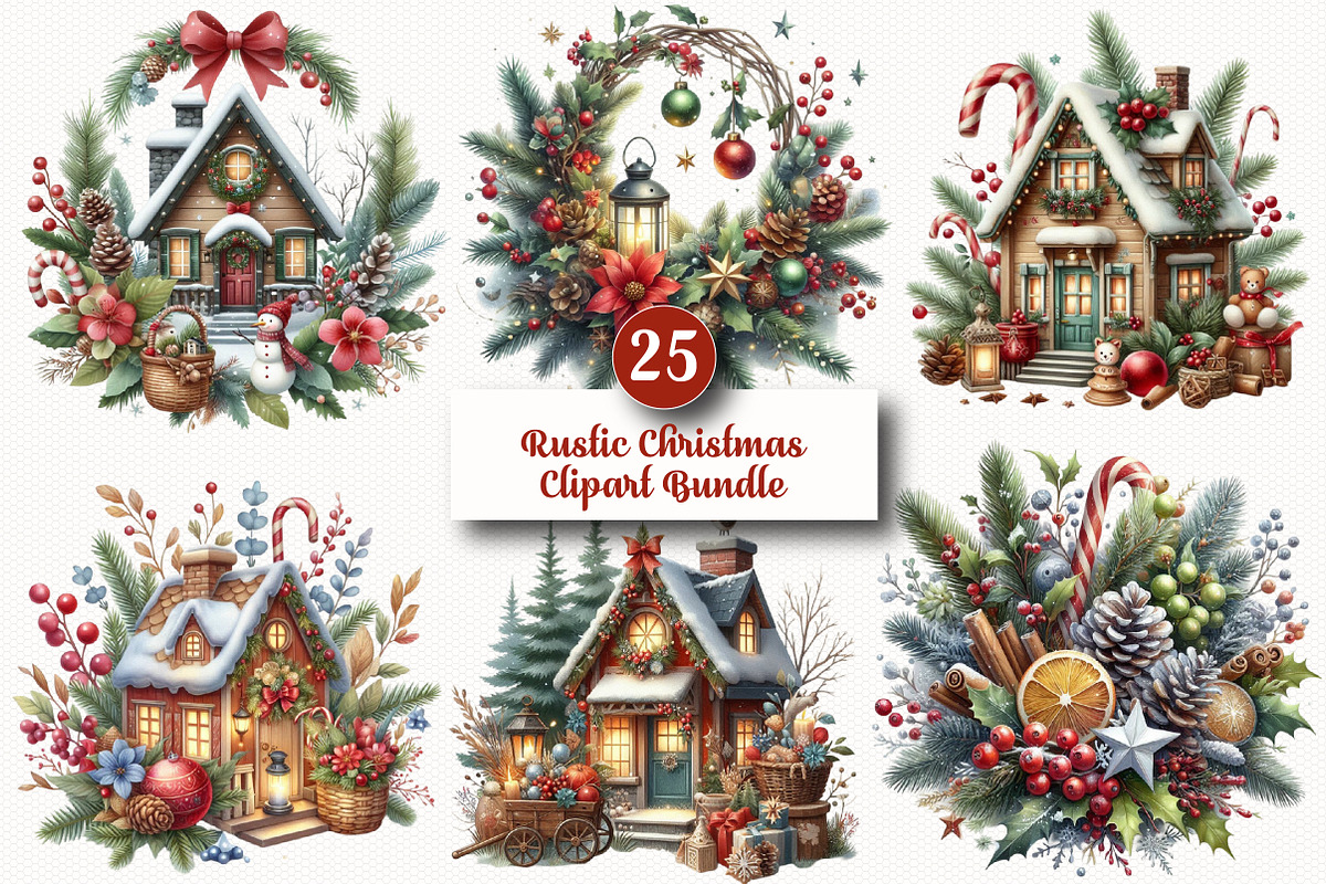 Rustic Christmas Clipart Bundle, a Work Illustration by SinaCreation (Photo 1 of 5)