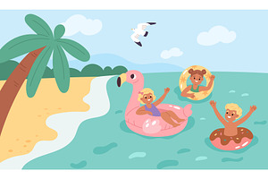 Kids on beach. Children splashing in, an Object Illustration by YummyBuum