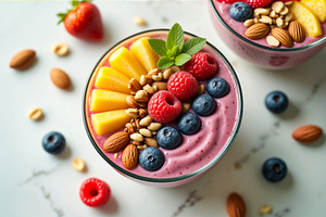 Vibrant smoothie bowl, a Photo by rarrarorro